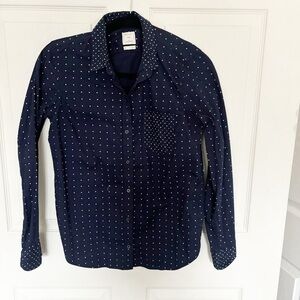 Gap The Fitted Boyfriend Navy  Button Down Polka Dotted Shirt Size Extra Small